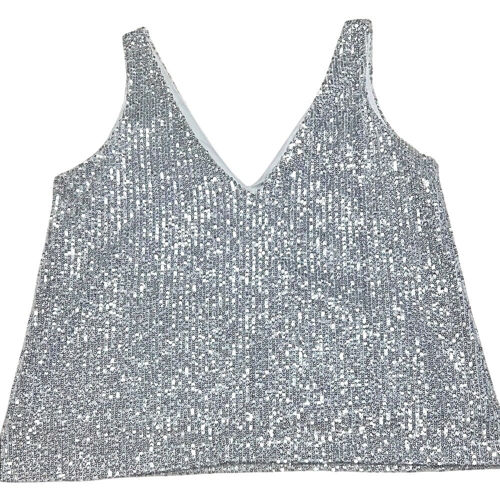 Shinestar‎ Womens Silver Sequin V-Neck Tank Top Sleeveless Shimmer Party Cami M